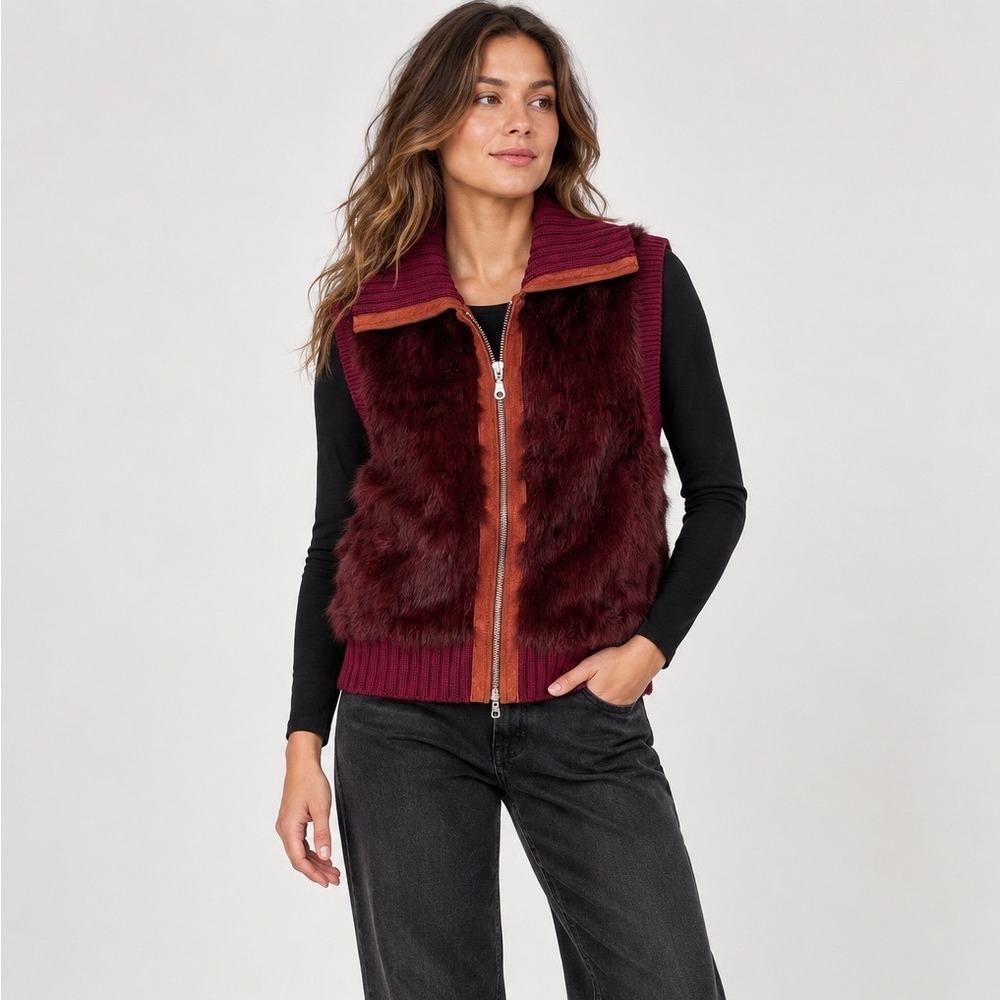 Wilsons Leather Maxima Vest Womens S Burgundy Fur Suede Knit Gorpcore